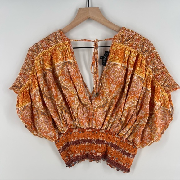 Rachel Zoe Boho Printed Batwing Gypsy Feminine Cottage Peasant Fall Crop Top - Picture 2 of 11